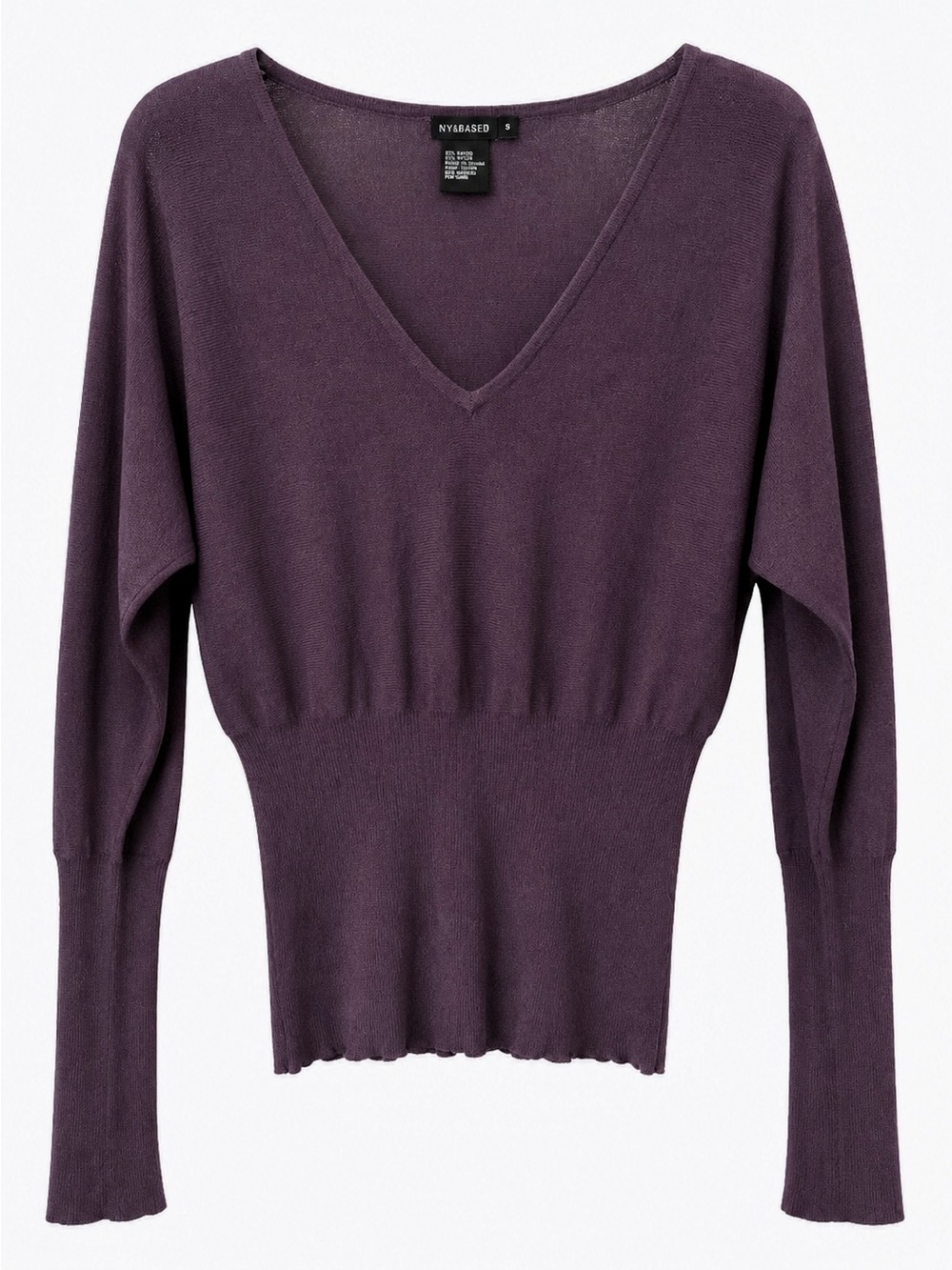 V-Neck Sweater ribbed waist and cuffs plum purple size S